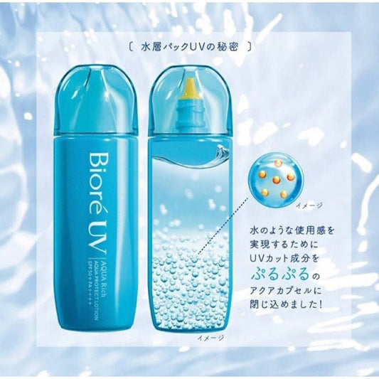 Biore UV Aqua Rich Aqua Protect Lotion Water Layer Pack UV SPF50 + PA ++++ 70ml. بيور لوشن أكوا ريتش أكوا بروتيكت مع طبقة مائية لحماية من الأشعة فوق البنفسجية SPF50 + PA ++++ 70 مل - Princess Cosmetics Qatar