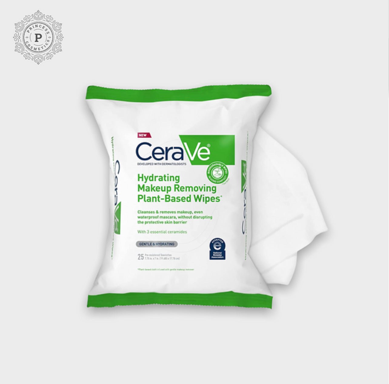 Cerave Hydrating Makeup Removing Plant - Based Wipes (25 Towelettes). مناديل مرطبة لإزالة المكياج من سيرافي، مصنوعة من مكونات نباتية (25 منديل) - Princess Cosmetics Qatar