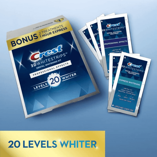 Crest Level 20 3D Whitestrips, Professional Effects, Teeth Whitening Strip Kit, 44 Strips. مجموعة شرائط تبييض الأسنان ثلاثية الأبعاد، 20 شريطًا بتأثيرات احترافية، 44 شريطًا - Princess Cosmetics Qatar