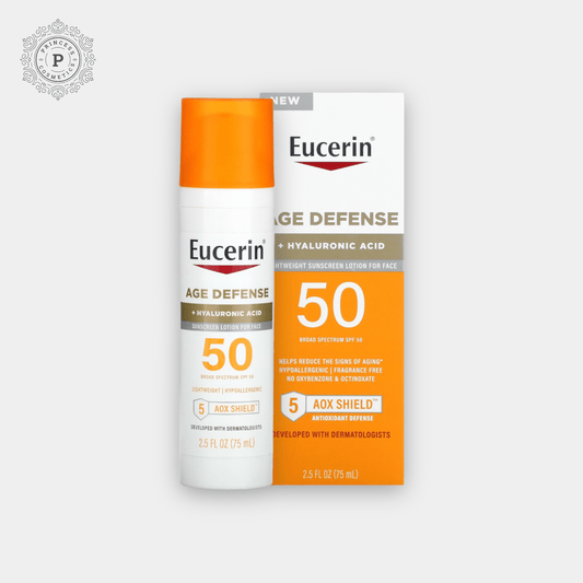 Eucerin Age Defense SPF50 Face Sunscreen Lotion with Hyaluronic Acid 75ml. لوشن الحماية من أشعة الشمس للوجه من يوسيرين لمكافحة الشيخوخة SPF50 مع حمض الهيالورونيك 75 مل - Princess Cosmetics Qatar