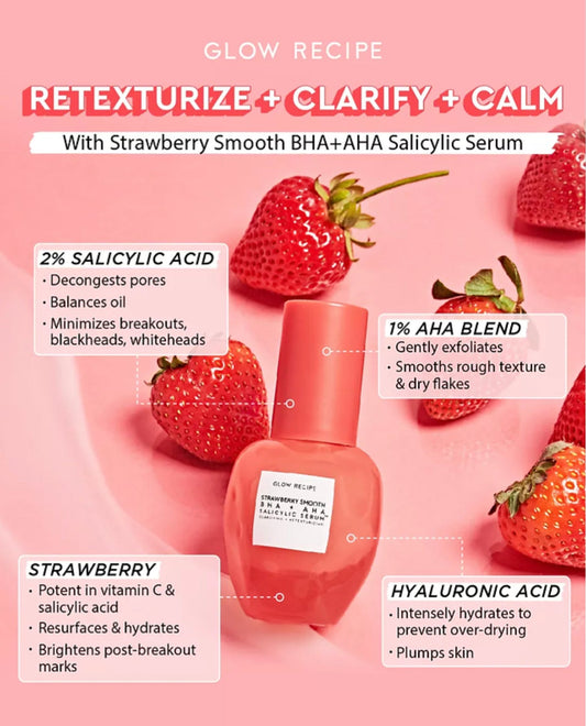 Glow Recipe Strawberry Smooth BHA + AHA Salicylic Serum 30ml. توهج وصفة الفراولة السلس BHA + AHA مصل الساليسيليك 30 مل - Princess Cosmetics Qatar