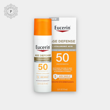 Eucerin Age Defense SPF50 Face Sunscreen Lotion with Hyaluronic Acid 75ml. لوشن الحماية من أشعة الشمس للوجه من يوسيرين لمكافحة الشيخوخة SPF50 مع حمض الهيالورونيك 75 مل