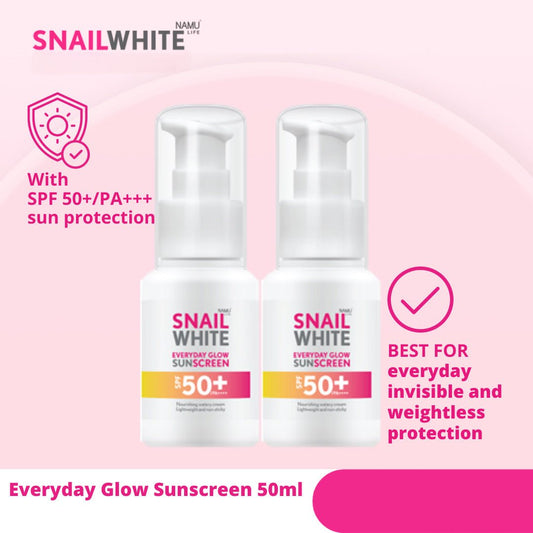 Namu Life Snail White Everyday Glow Sunscreen 50ml - EXPIRY: 11/2025. كريم الحماية من الشمس نامو لايف سنيل وايت إيفري داي جلو بعامل حماية من الشمس 50+/PA++++، 50 مل - Princess Cosmetics Qatar