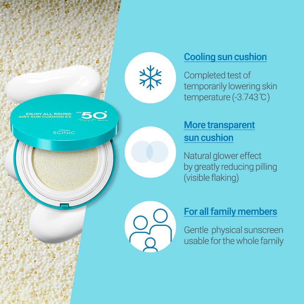 Scinic Enjoy All Around Airy Sun Cushion EX SPF50+ PA++++ - EXPIRY: 05 - 2025 سينيك إنفهي في جميع أنحاء وسادة الشمس جيدة التهوية - Princess Cosmetics Qatar